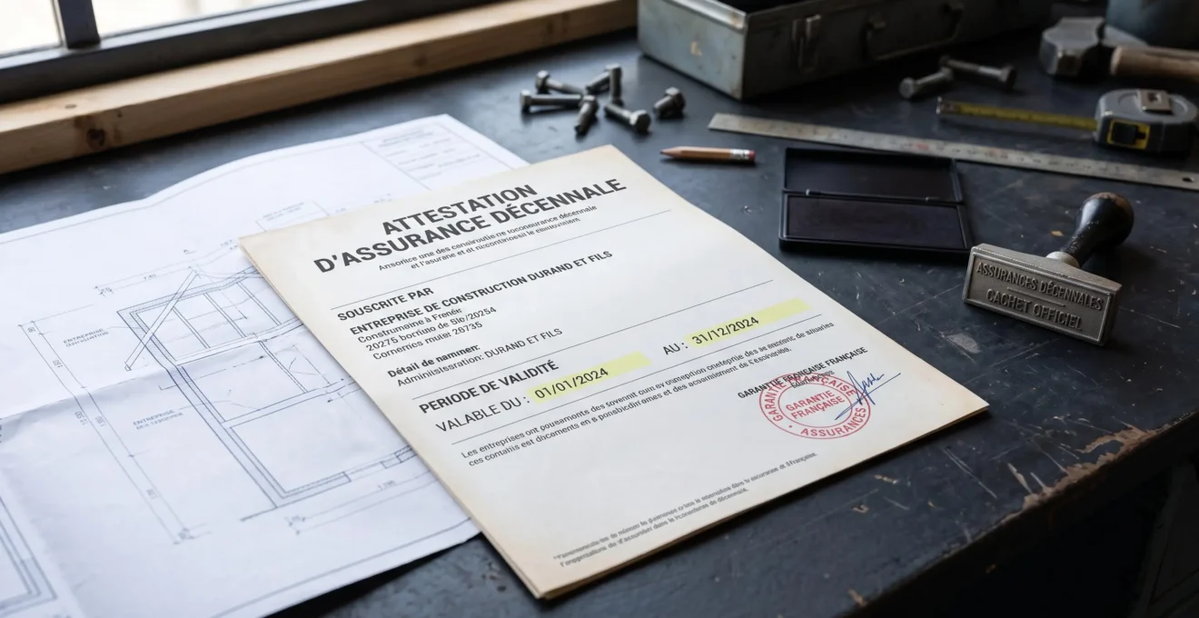 Attestation d'assurance garantie décennale française avec tampon officiel de l'assureur et dates de validité clairement visibles sur bureau professionnel industriel Attestation d'assurance garantie décennale française avec tampon officiel de l'assureur et dates de validité clairement visibles sur bureau professionnel industriel