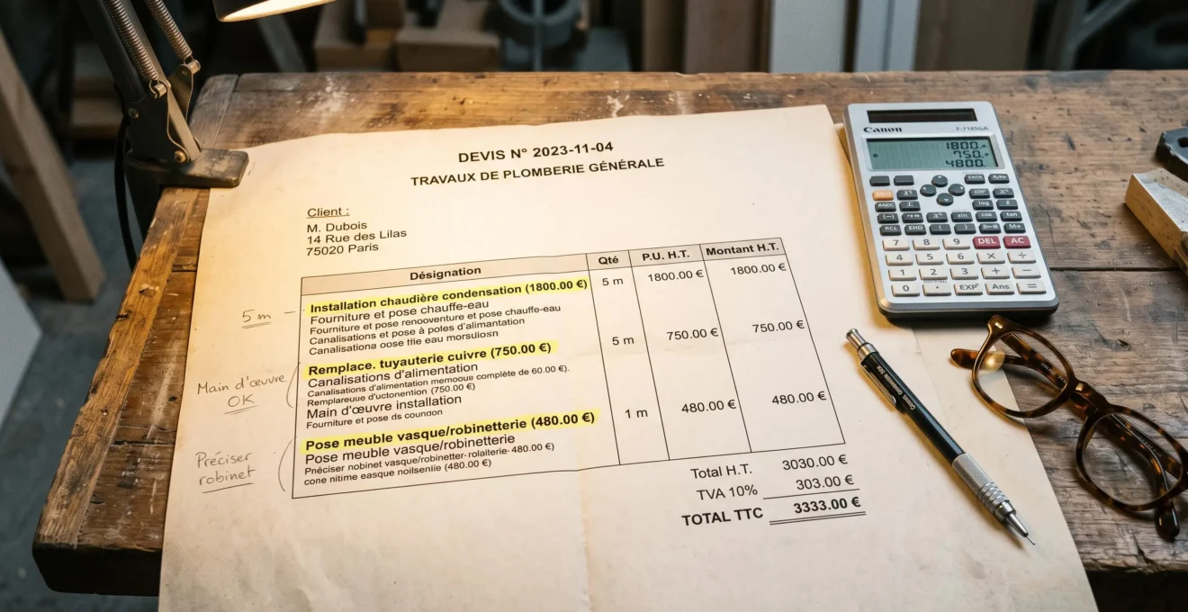 Devis de plomberie français détaillé avec annotations manuscrites au crayon, surligneur jaune marquant les postes importants et calculatrice professionnelle sur table de travail Devis de plomberie français détaillé avec annotations manuscrites au crayon, surligneur jaune marquant les postes importants et calculatrice professionnelle sur table de travail