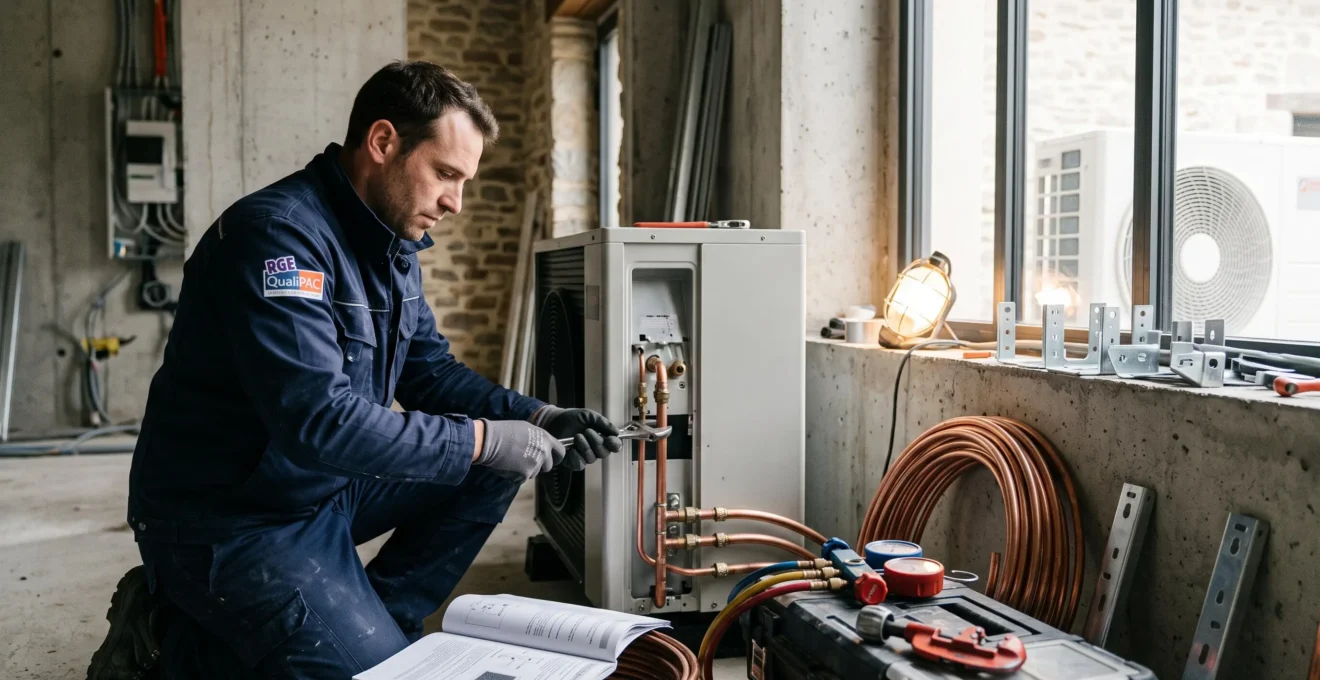 Technicien plombier-chauffagiste installant une pompe à chaleur sur un chantier résidentiel français, entouré d'équipements professionnels et de tuyauterie en cuivre dans un environnement de construction contemporain