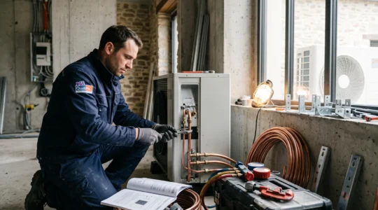 Technicien plombier-chauffagiste installant une pompe à chaleur sur un chantier résidentiel français, entouré d'équipements professionnels et de tuyauterie en cuivre dans un environnement de construction contemporain