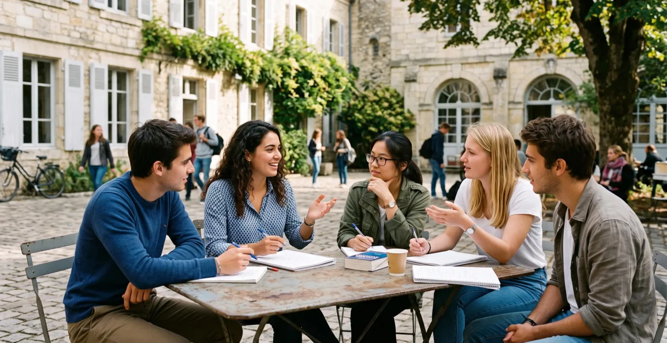 Un groupe de jeunes apprenants en séjour linguistique discute ensemble autour d'une table dans la cour d'une école de langue.