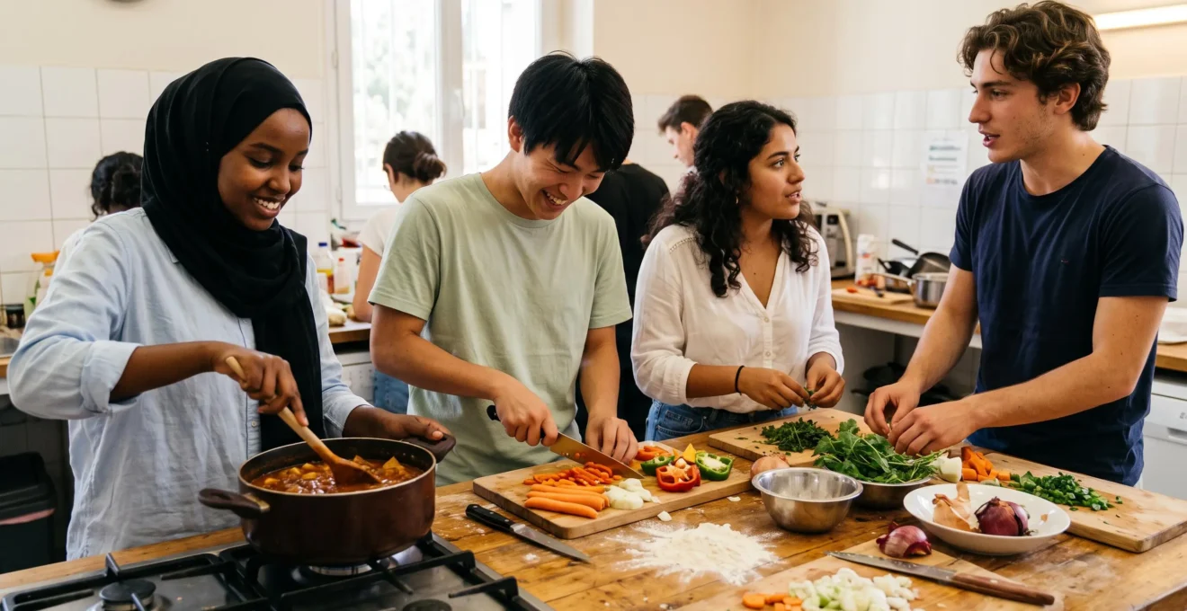 Quatre participants d'un séjour linguistique cuisinent ensemble lors d'un atelier dans une cuisine collective lumineuse.