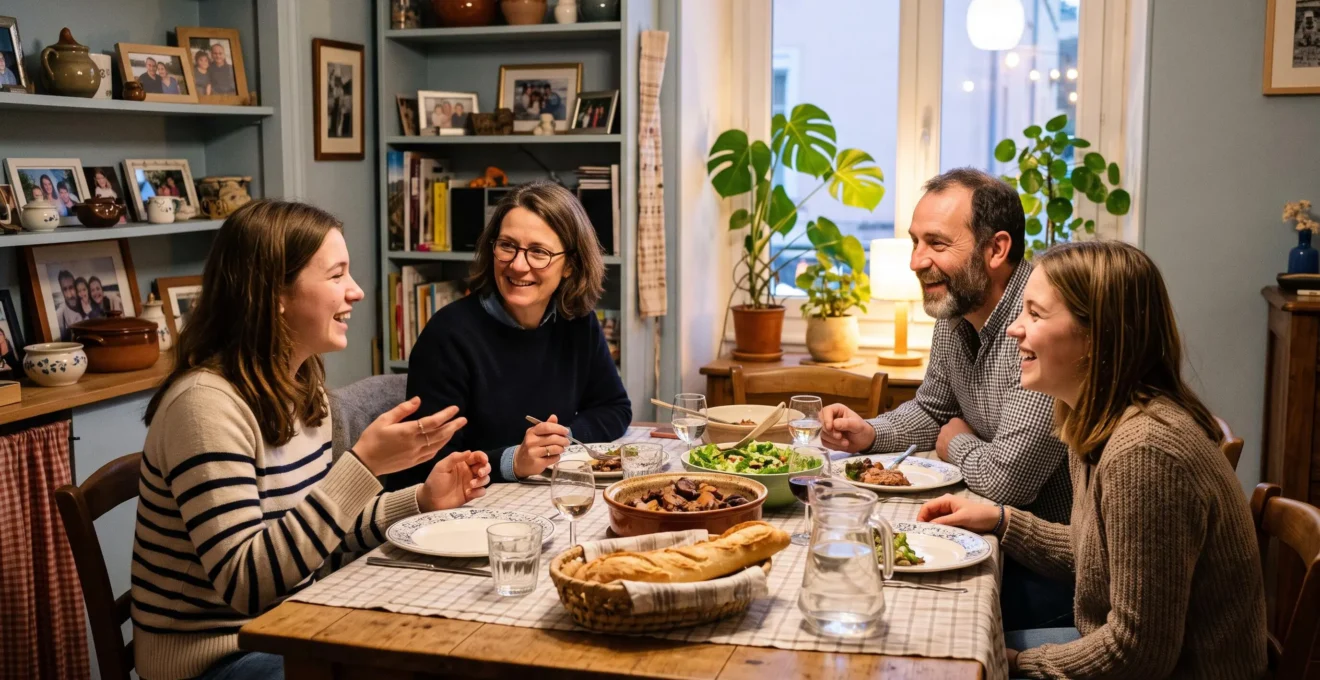 Un jeune étudiant en échange linguistique échange avec sa famille d'accueil autour du dîner dans une maison chaleureuse.
