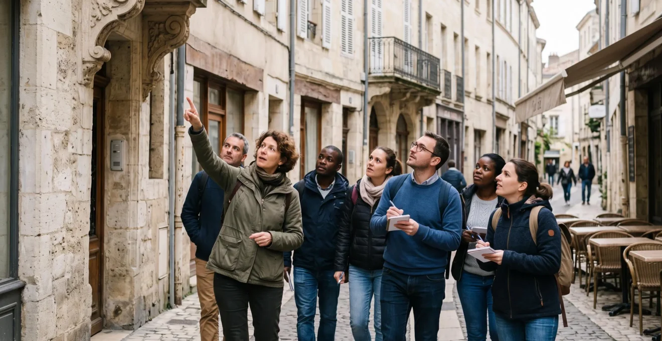 Un animateur guide un groupe d'étudiants en séjour linguistique lors d'une visite culturelle dans une rue ancienne à l'étranger.